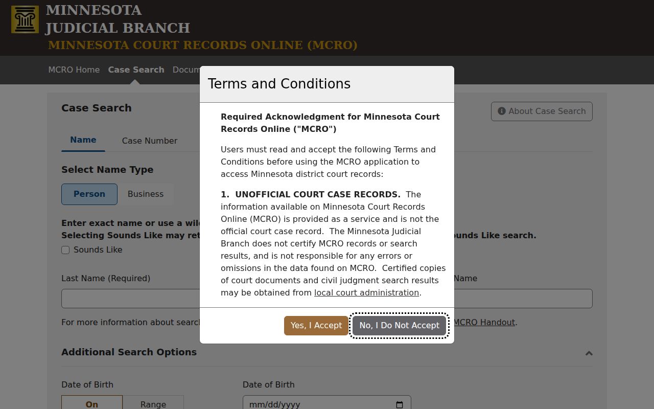 Wabasha County case lookup MCRO Case Search fields