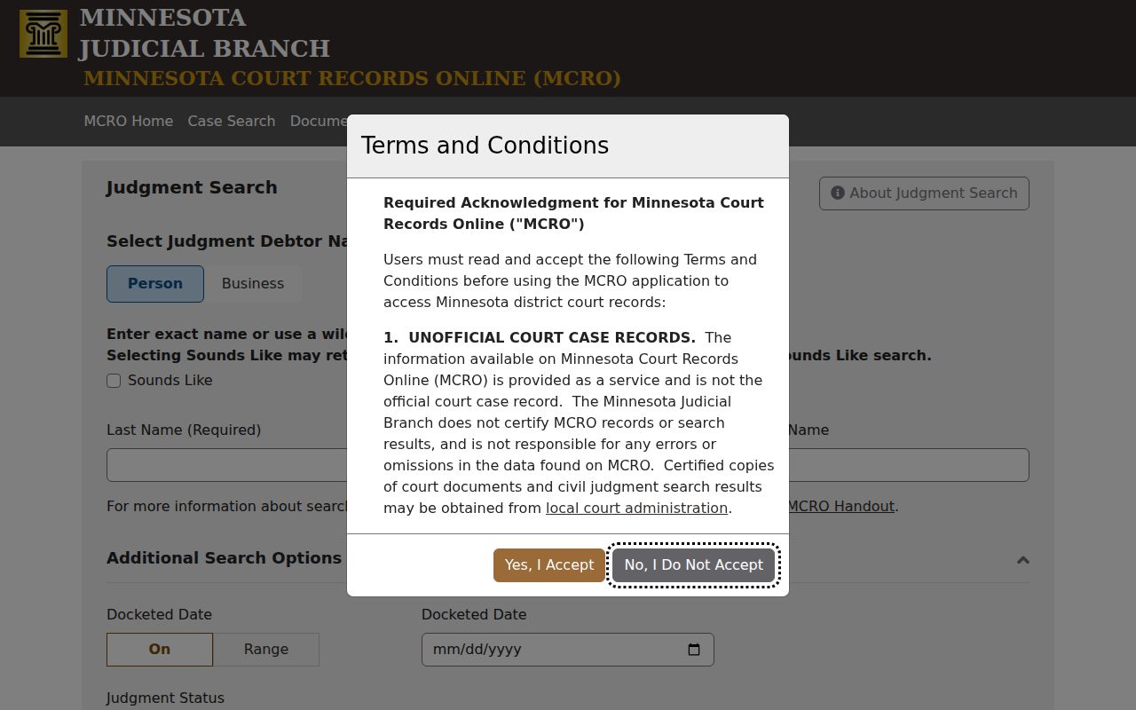 Wabasha County case lookup MCRO Judgment Search interface