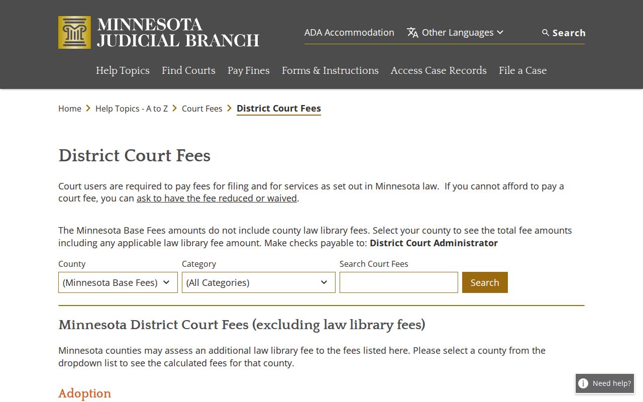 Wabasha County civil docket Minnesota court fee search