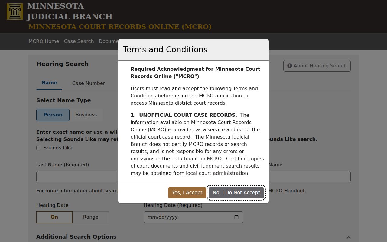 Wabasha County court dates MCRO Hearing Search interface
