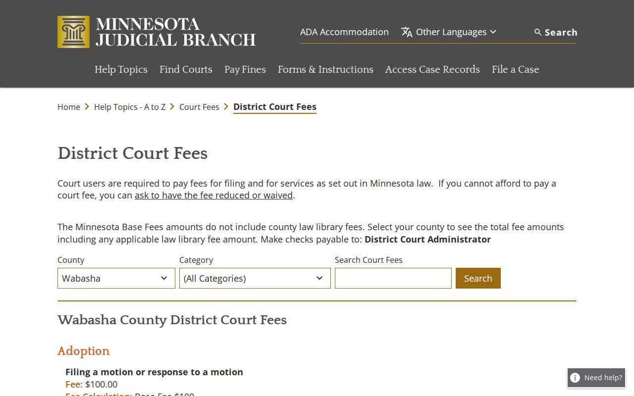 Wabasha County court record search district court fee page