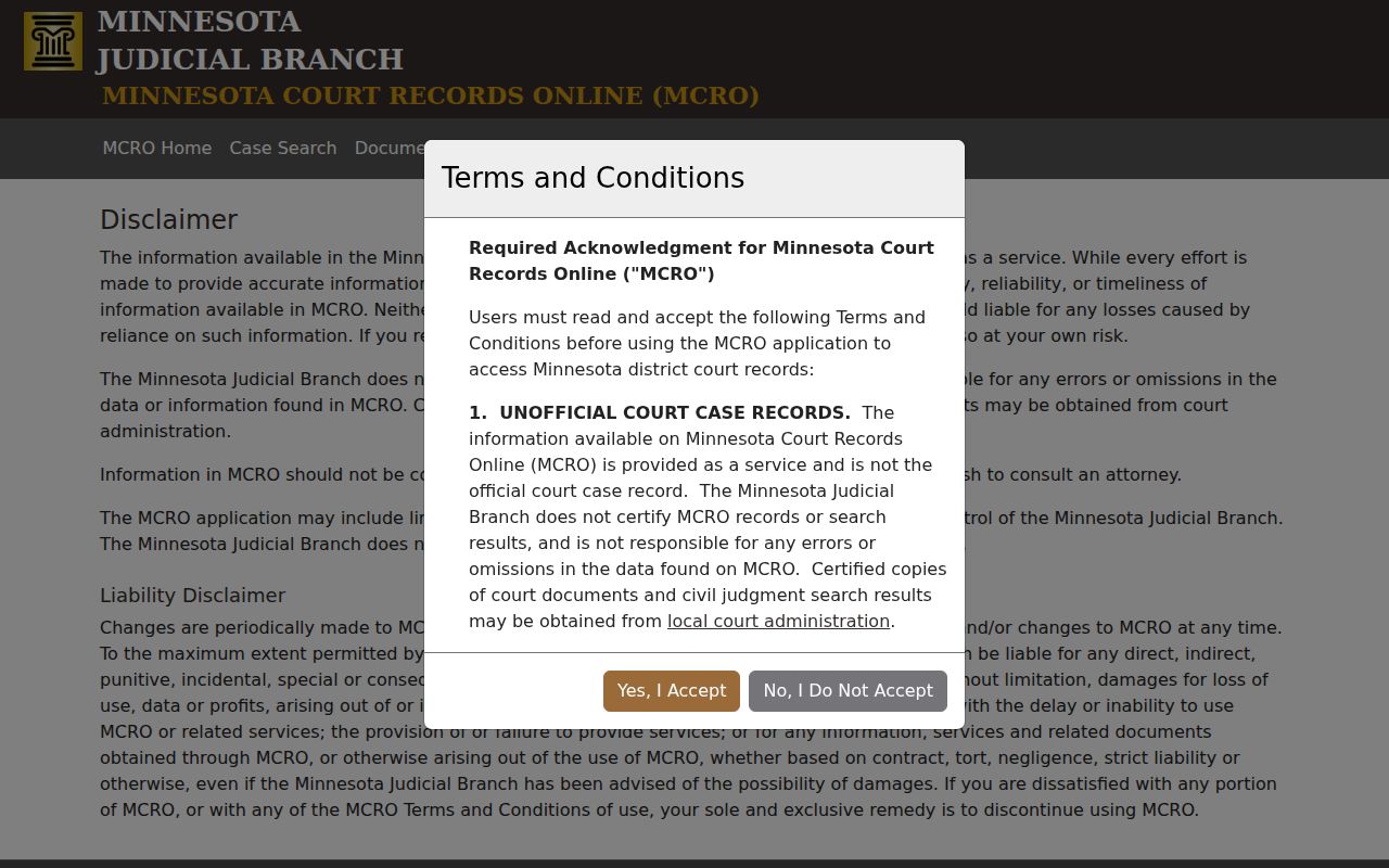 Wabasha County criminal docket MCRO disclaimer and public access limitations