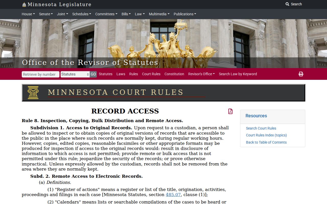 Wabasha County criminal docket Rule 8 public record access