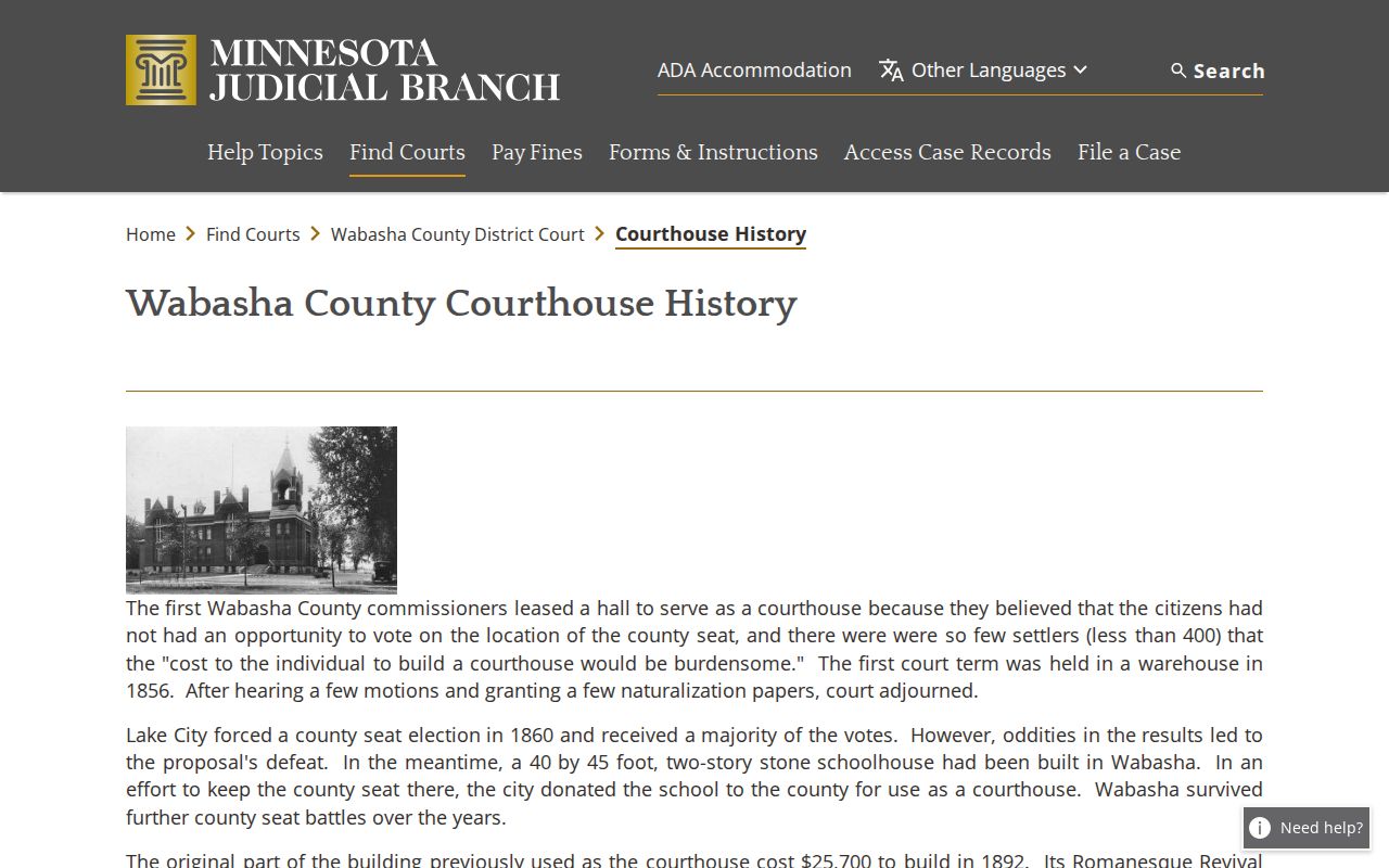 Wabasha County court docket courthouse history source