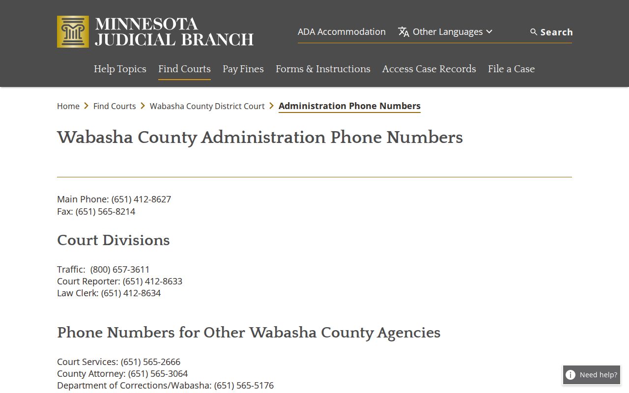 Wabasha County court docket Court Administration contact source