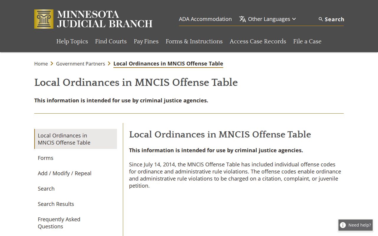 Wabasha County traffic tickets MNCIS local ordinances offense table